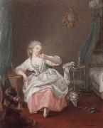 unknow artist, A bedroom interior with a young girl holding a song bird